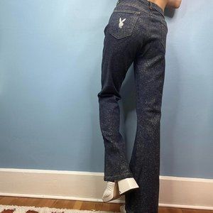 90s / Y2K PLAYBOY GLITTER DARK WASH FLARE JEANS WITH BUNNY LOGO DETAIL